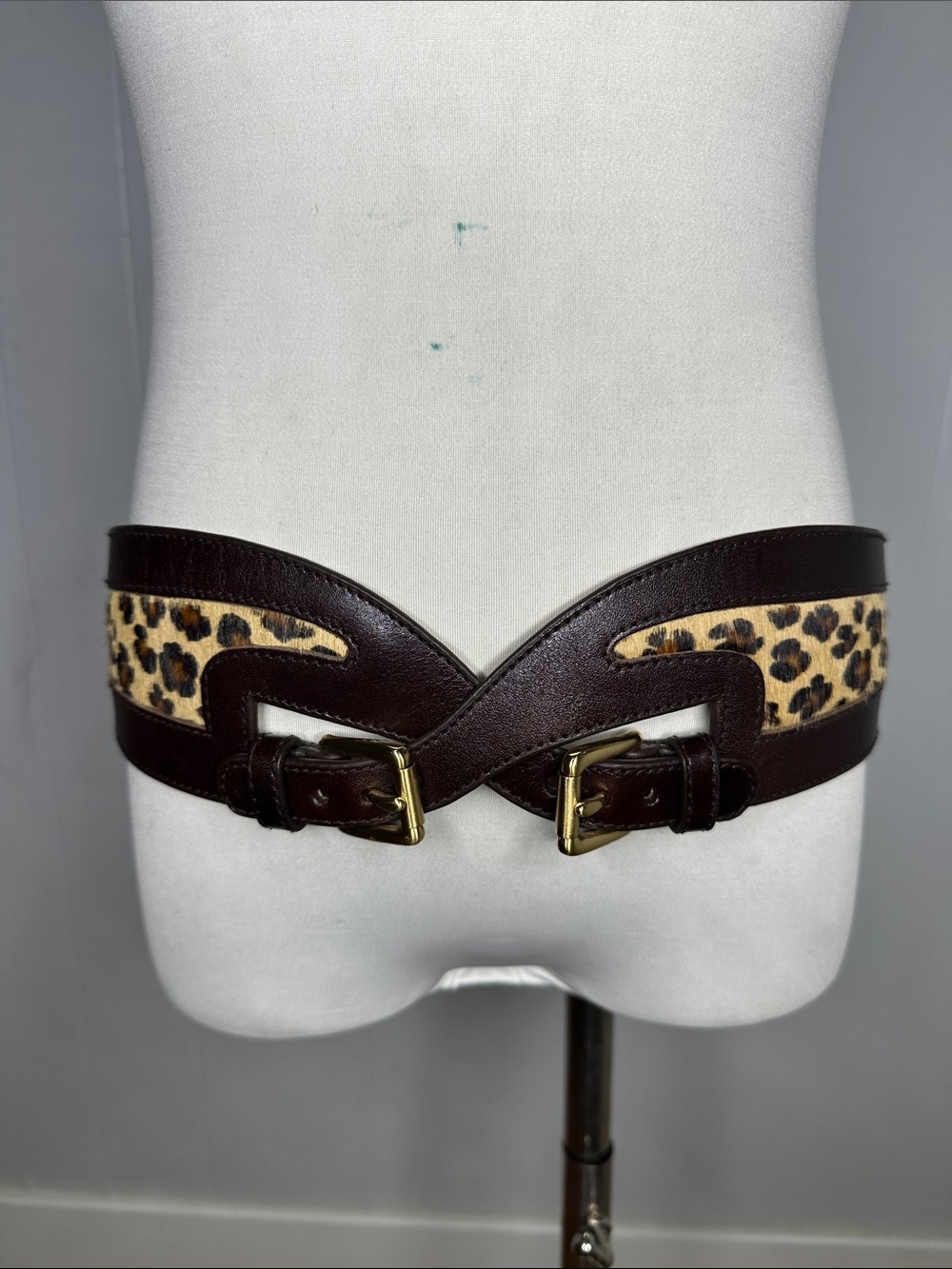 Vintage Genuine Leather Dyed Cheetah Real Cow Fur Double Buckle Belt